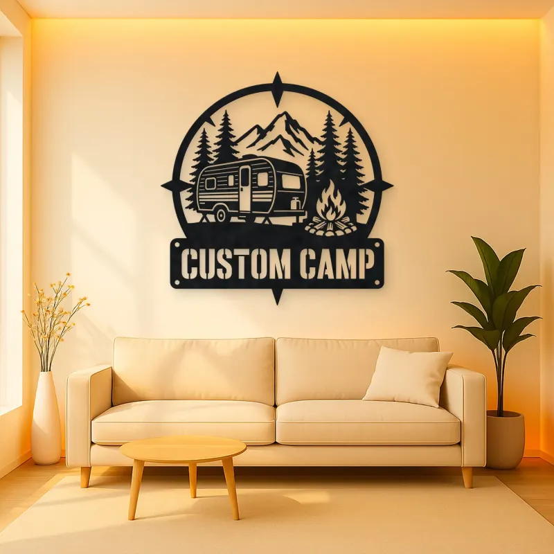 Personalized Travel Trailer Metal Wall Art with Campfire Scene