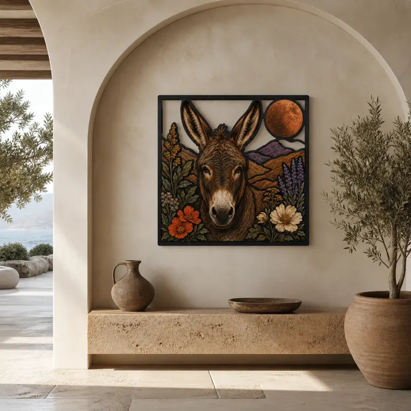 Donkey with Mountain Wildflowers and Copper Moon Colorful Metal Wall Art