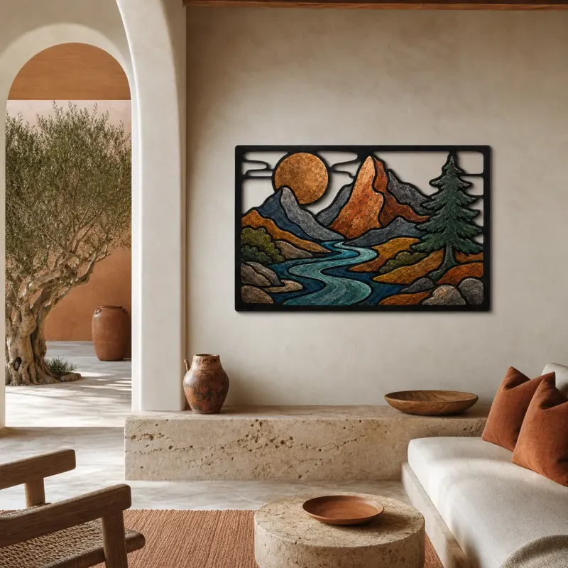 Mid Century Mountain River beneath Copper Moon Colorful Metal Wall Art