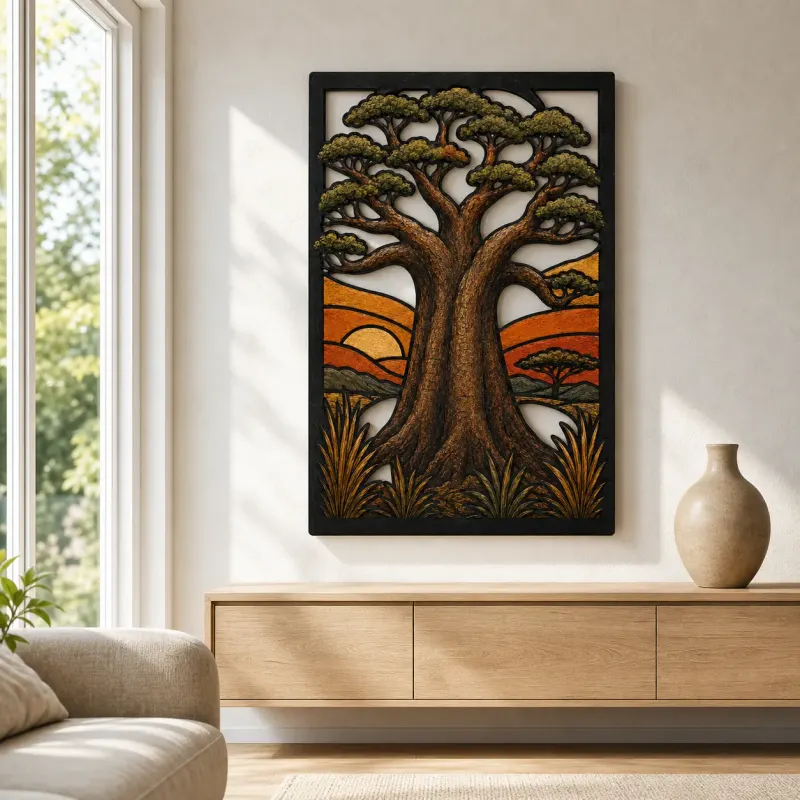African Baobab Tree of Life at Sunrise Colorful Metal Wall Art