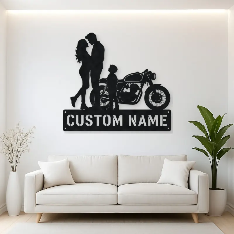 Personalized Cafe Racer Family of Three Metal Wall Art