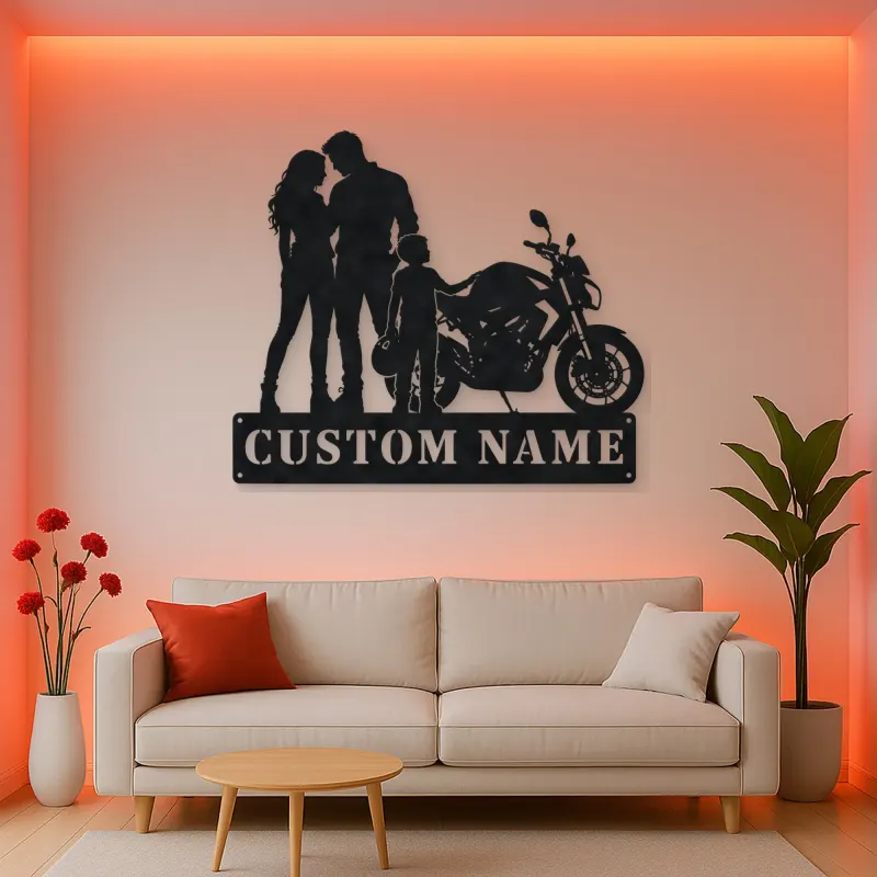 Personalized Motorcycle Family with Helmet Carrying Child Metal Wall Art