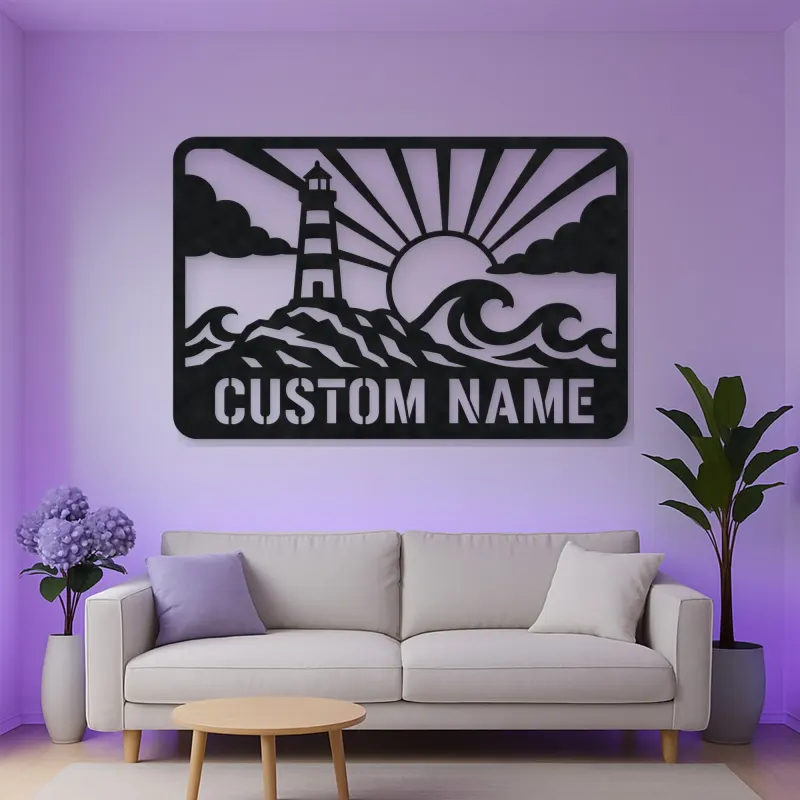 Personalized Lighthouse Metal Wall Art with Ocean Waves