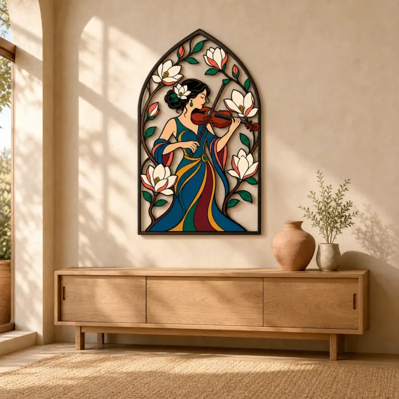 Woman Violinist with Magnolia Flowers Colorful Metal Wall Art