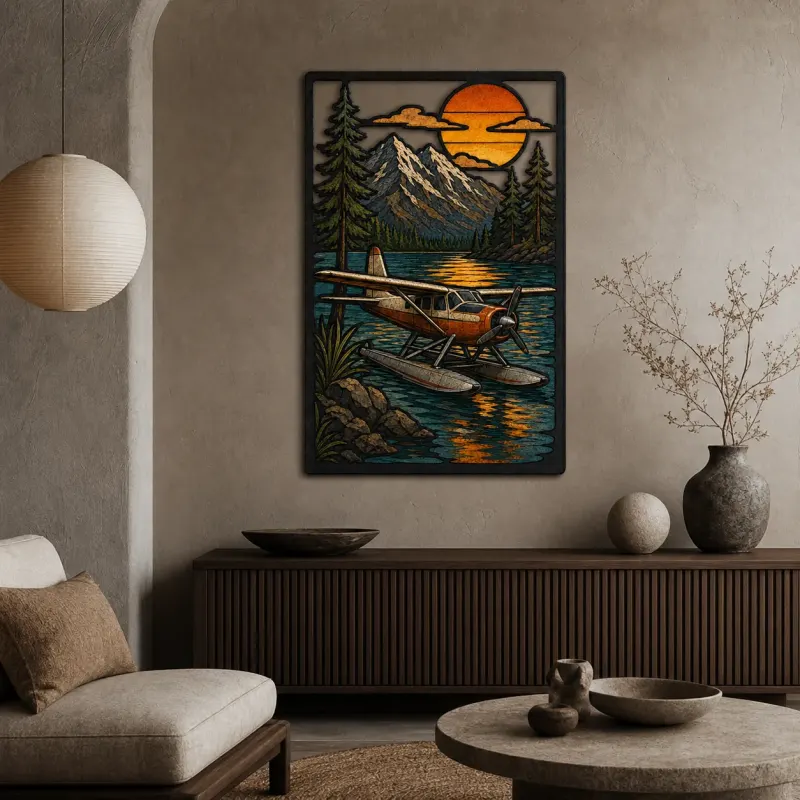 Vintage Seaplane on Mountain Lake at Sunset Colorful Metal Wall Art