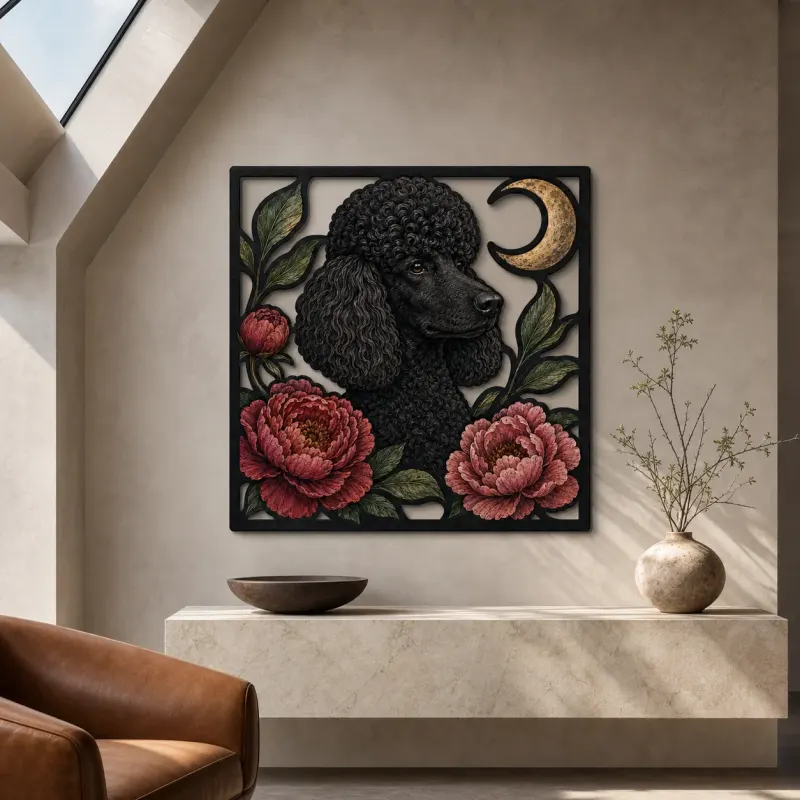 Black Poodle with Pink Peonies and Crescent Moon Colorful Metal Wall Art