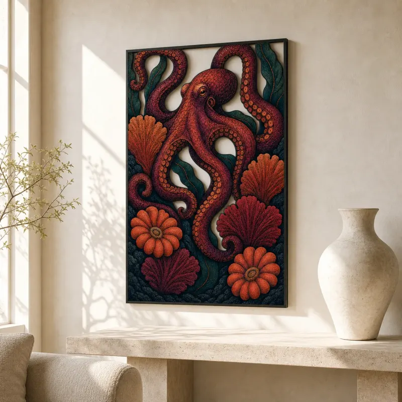Red Octopus with Coral and Botanical Flowers Colorful Metal Wall Art