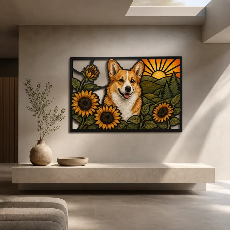 Pembroke Corgi with Sunflowers at Sunrise Colorful Metal Wall Art