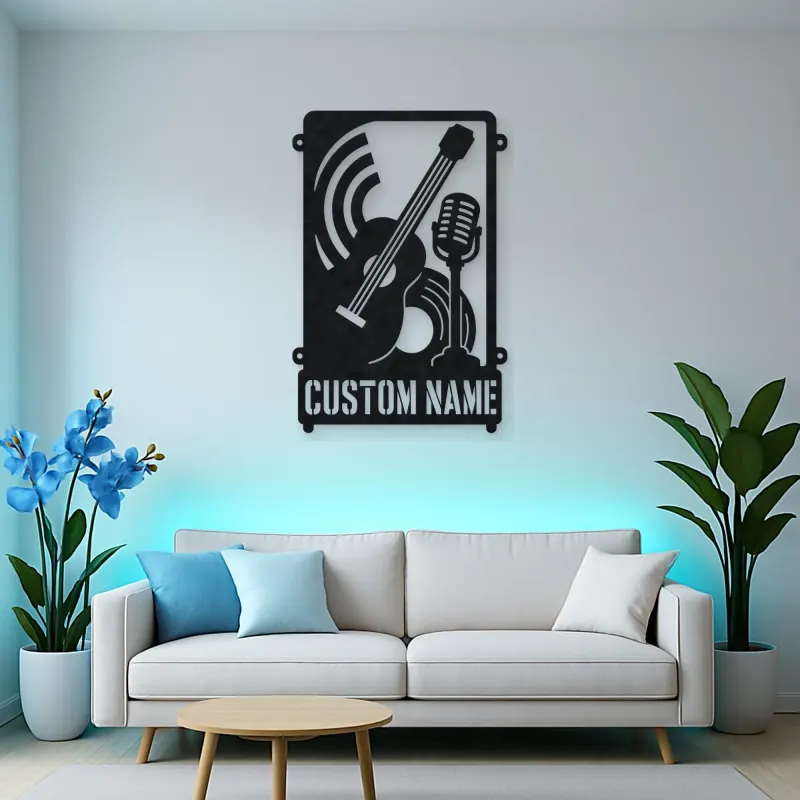 Personalized Double Bass Music Metal Wall Art with Vintage Microphone