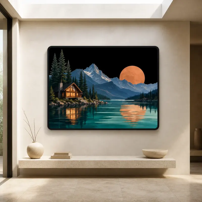 Mountain Lake Cabin beneath Copper Sunset Colorful Metal Wall Art