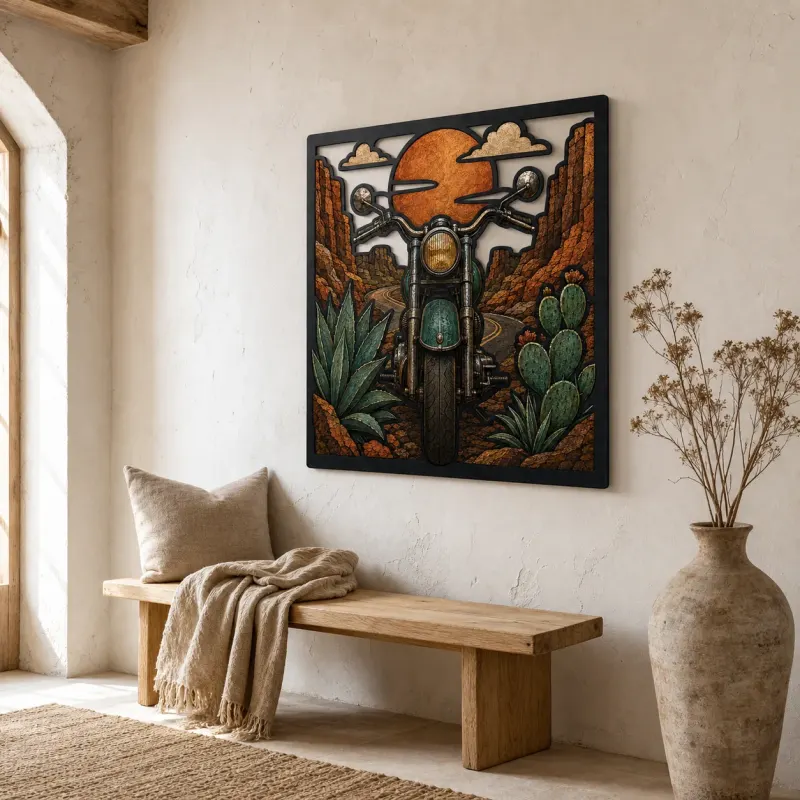 Classic Motorcycle on Desert Canyon Road Colorful Metal Wall Art