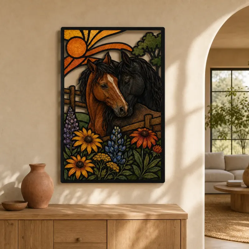 Two Horses with Wildflowers and Sunrise Colorful Metal Wall Art
