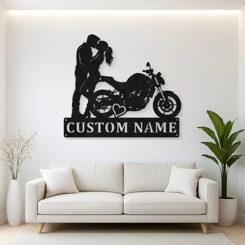 Personalized Kissing Couple Motorcycle Metal Wall Art with Heart
