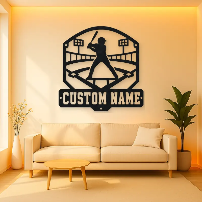 Personalized Baseball Batter Stadium Lights Metal Wall Art