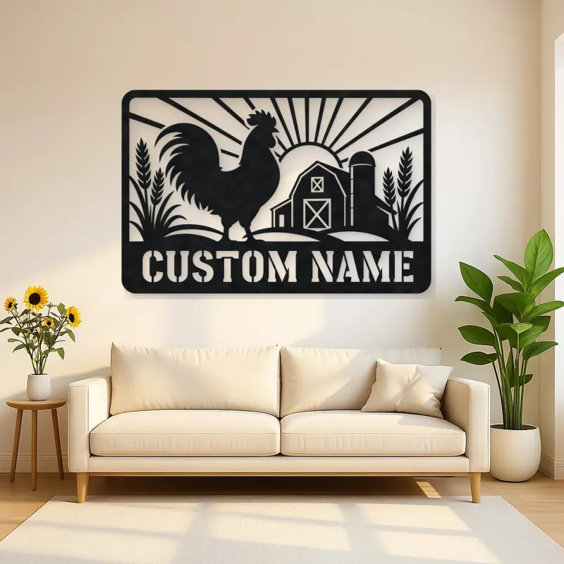 Personalized Rooster Farm Metal Wall Art with Barn Scene