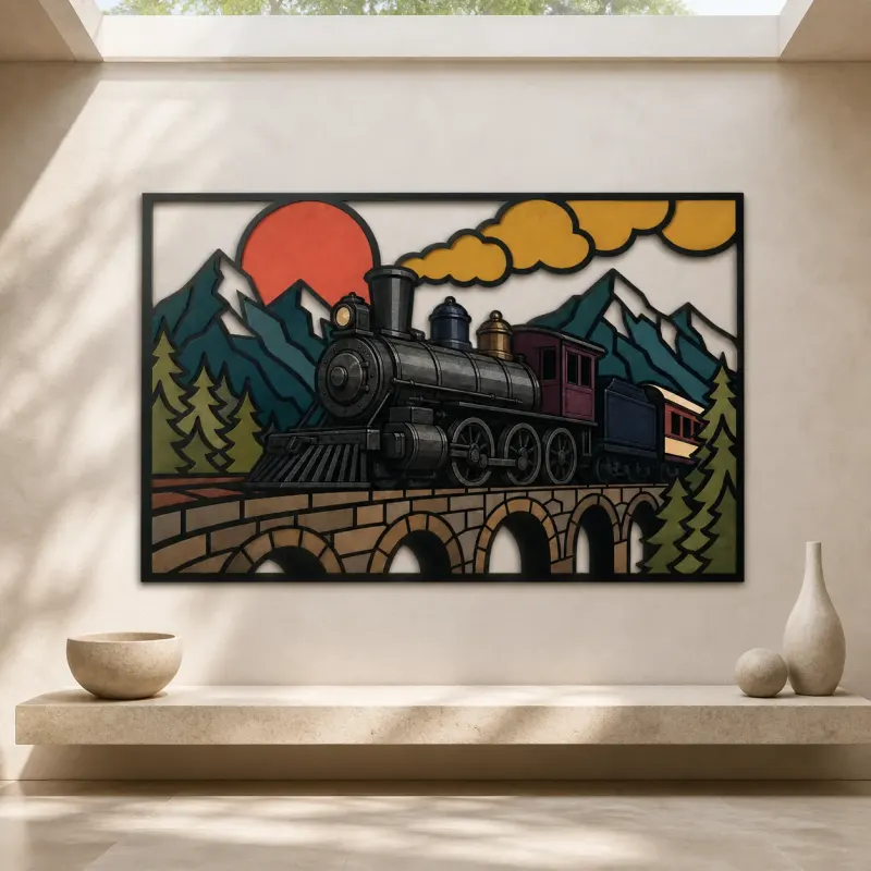Vintage Steam Train Crossing Mountain Bridge Colorful Metal Wall Art