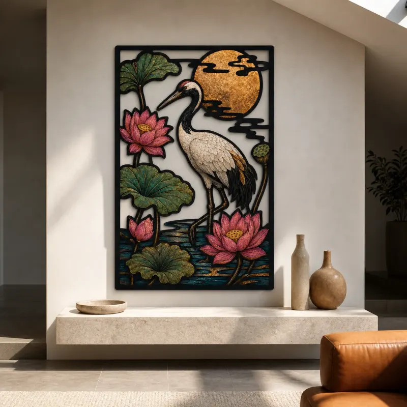 Crane in Lotus Pond beneath Copper Moon Colorful Metal Wall Art