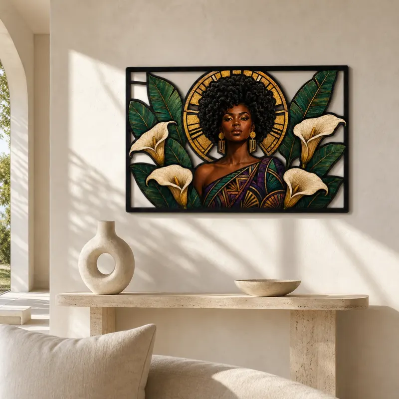 Afro Woman with Calla Lilies and Art Deco Sun Colorful Metal Wall Decor