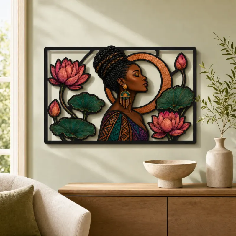 Afro Woman with Lotus Flowers and Copper Circle Colorful Metal Wall Art