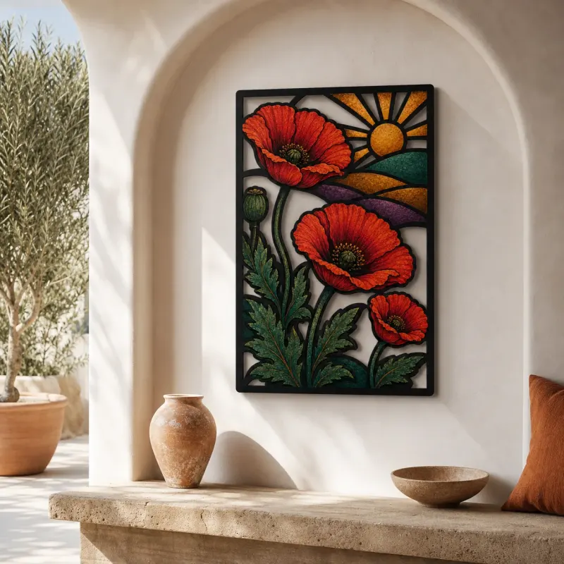 Red Poppies over Rolling Hills at Sunrise Colorful Metal Wall Art
