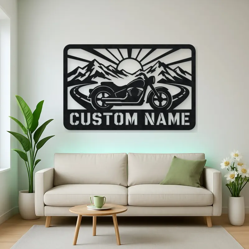 Personalized Cruiser Motorcycle Metal Wall Art with Mountain Road