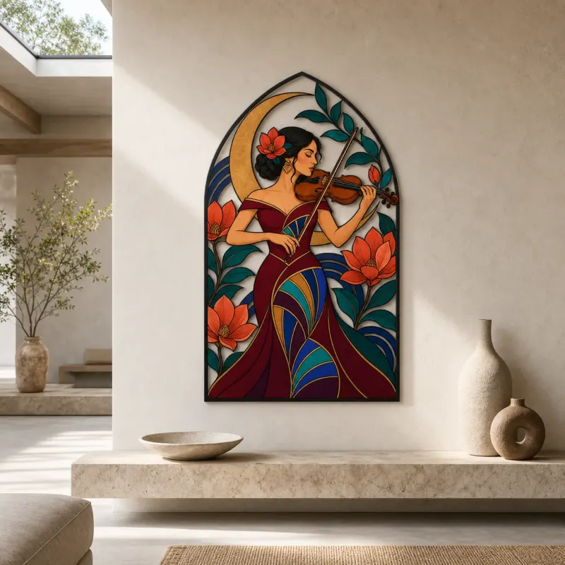 Woman Violinist with Flowers and Crescent Moon Colorful Metal Wall Art
