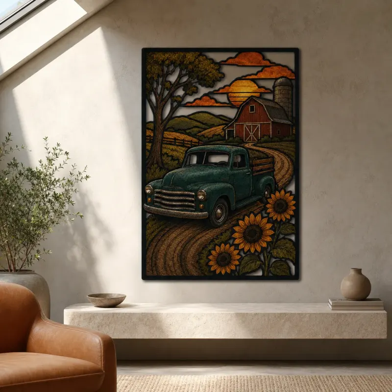 Vintage Pickup Truck by Barn and Sunflowers Colorful Metal Wall Art