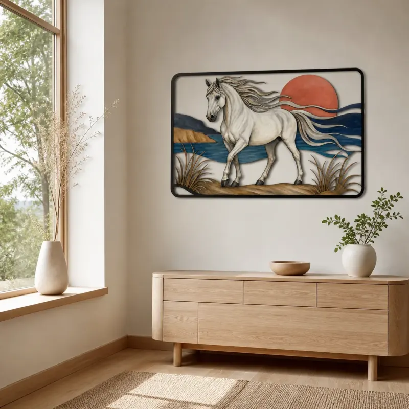 White Horse by Coastal Water at Sunset Colorful Metal Wall Art