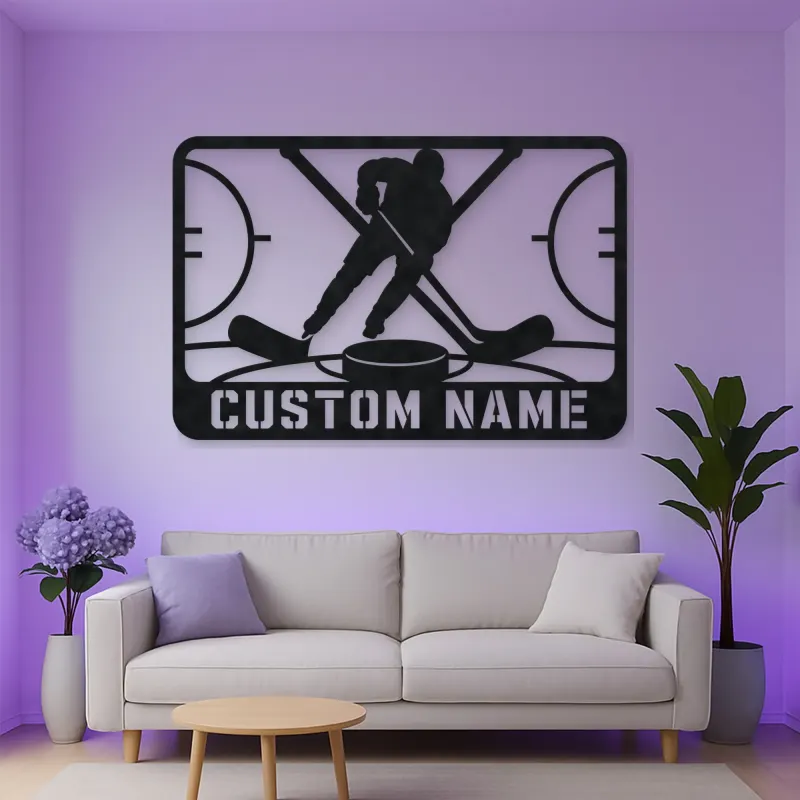 Personalized Ice Hockey Metal Wall Art with Crossed Sticks