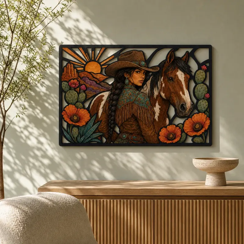 Cowgirl with Paint Horse and Desert Poppies Colorful Metal Wall Art