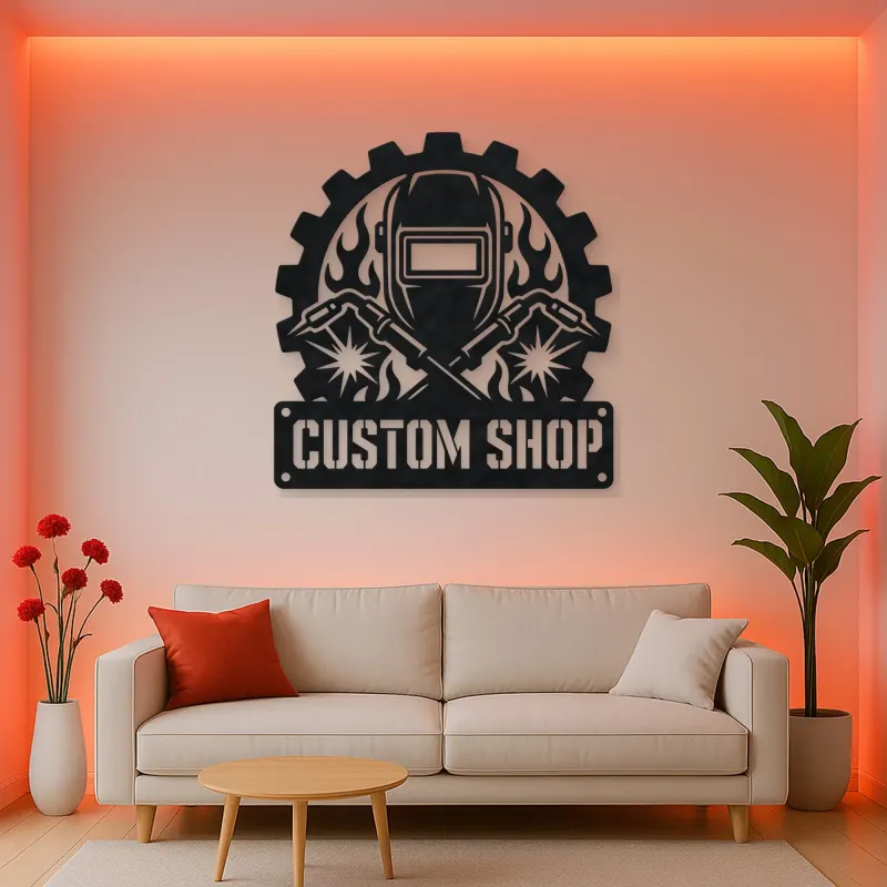 Personalized Welder Helmet Metal Wall Art with Crossed Torches