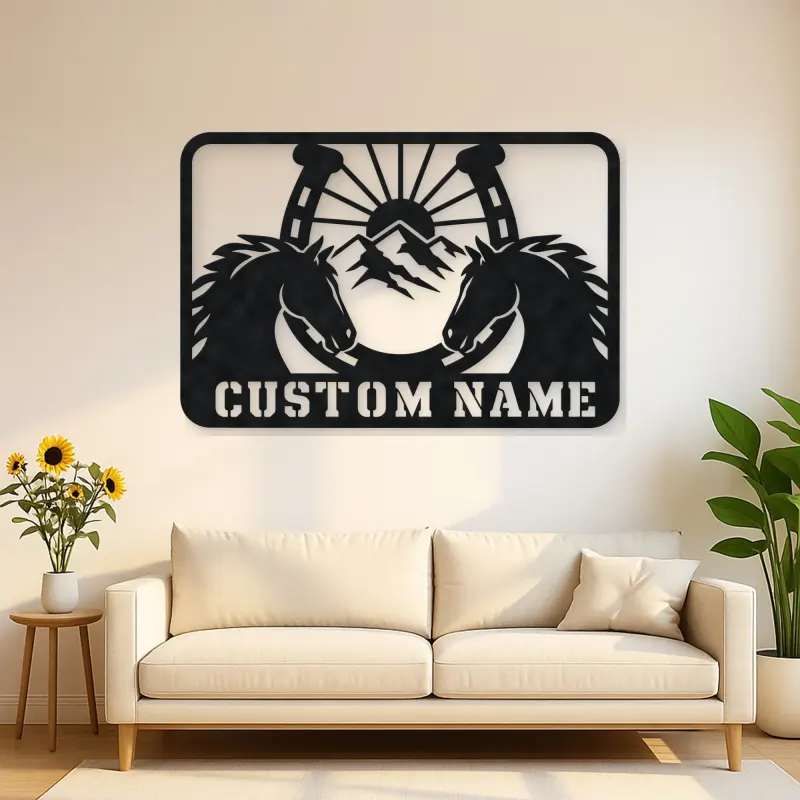 Personalized Horse Pair Metal Wall Art with Horseshoe
