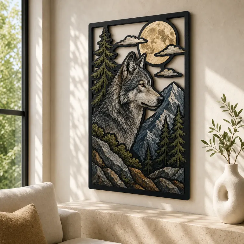 Gray Wolf in Mountain Forest under Full Moon Colorful Metal Wall Art