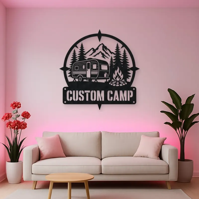Personalized Travel Trailer Metal Wall Art with Campfire Scene