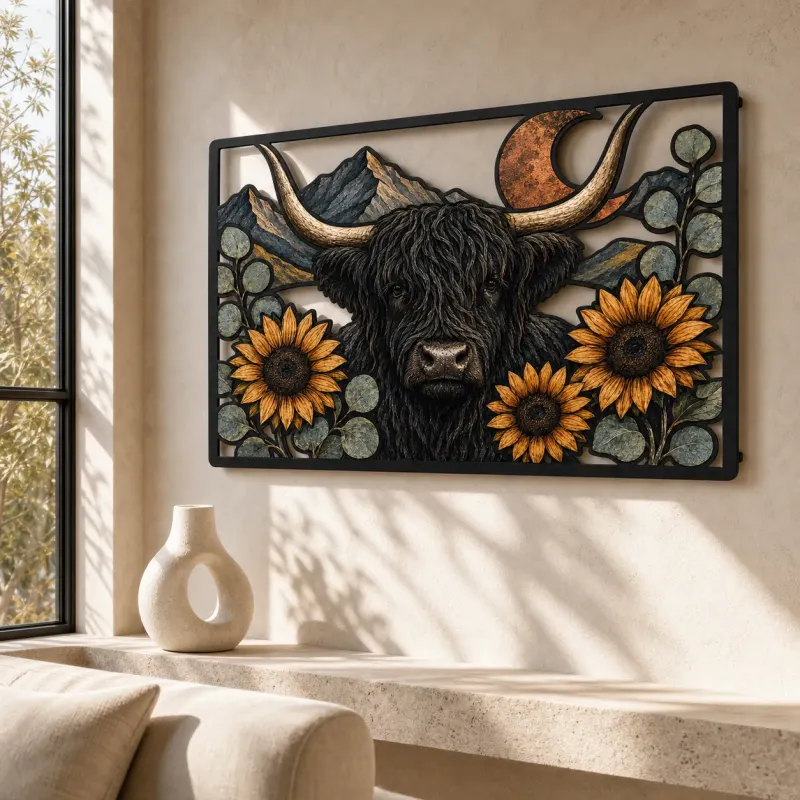 Black Highland Cow with Sunflowers and Copper Moon Colorful Metal Wall Art