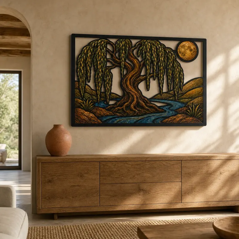Willow Tree of Life beside Winding River Colorful Metal Wall Art