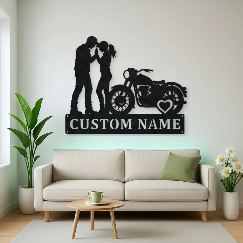Personalized Vintage Motorcycle Couple Metal Wall Art with Heart