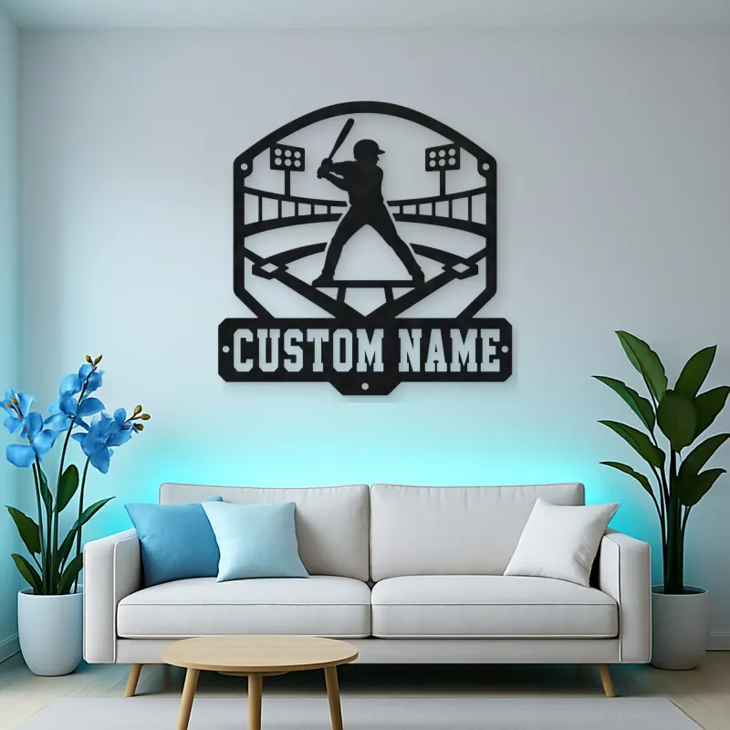 Personalized Baseball Batter Stadium Lights Metal Wall Art
