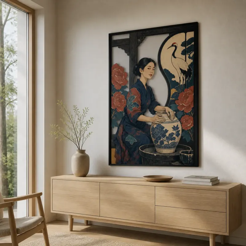 Japanese Potter with Crane Flowers and Moon Colorful Metal Wall Art