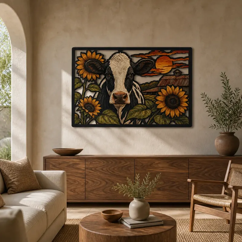 Holstein-Kuh mit Sonnenblumen von Rustic Barn - Buntes Metallschild