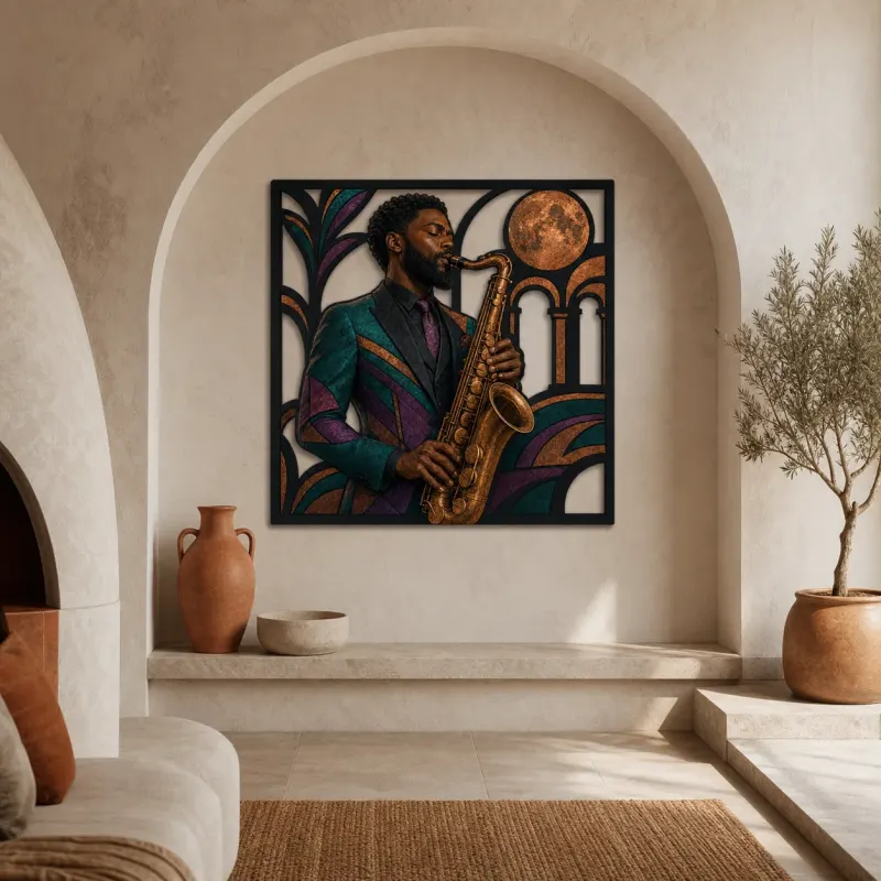 Black Saxophone Player in Art Deco Jazz Scene Colorful Metal Wall Decor