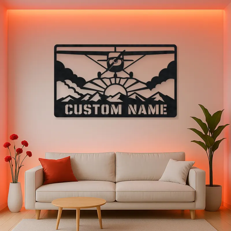 Personalized Propeller Airplane Metal Wall Art with Mountains