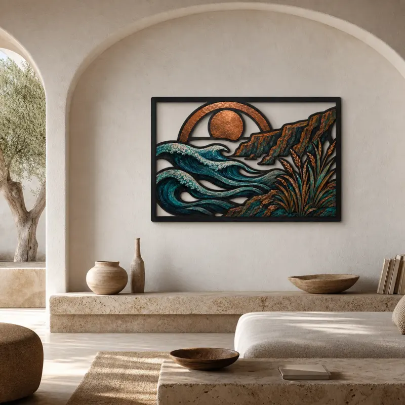 Mid Century Ocean Waves beneath Abstract Sun Colorful Metal Wall Art