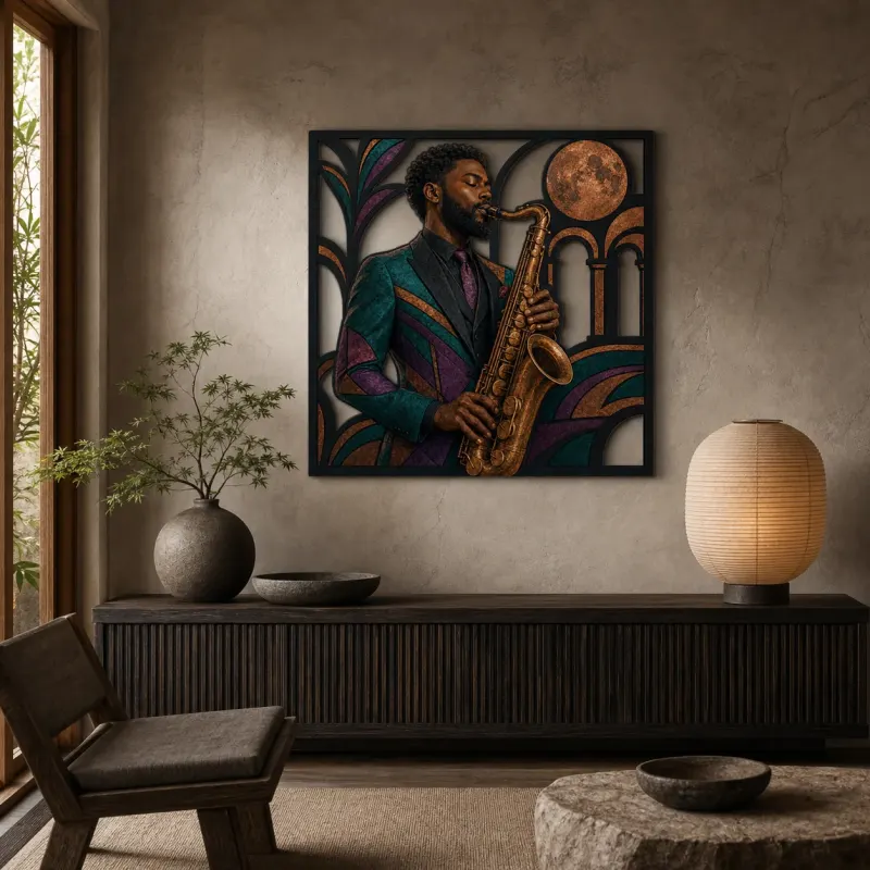 Black Saxophone Player in Art Deco Jazz Scene Colorful Metal Wall Decor