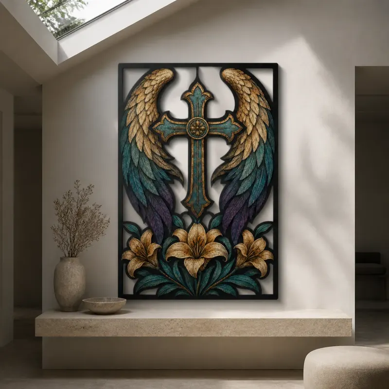 Angel Wings around Cross with White Lilies Colorful Metal Wall Art