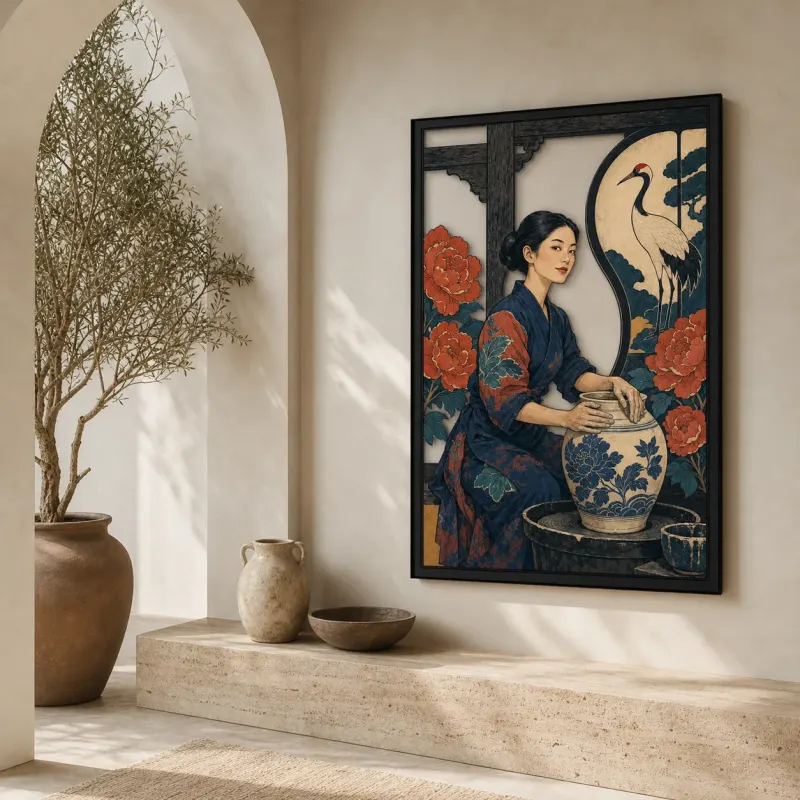 Japanese Potter with Crane Flowers and Moon Colorful Metal Wall Art