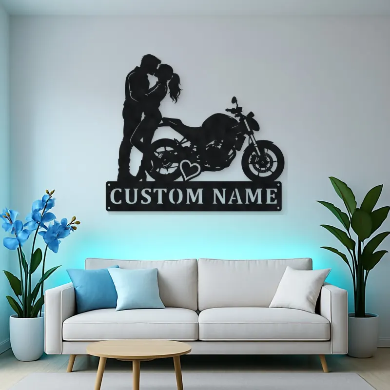 Personalized Kissing Couple Motorcycle Metal Wall Art with Heart