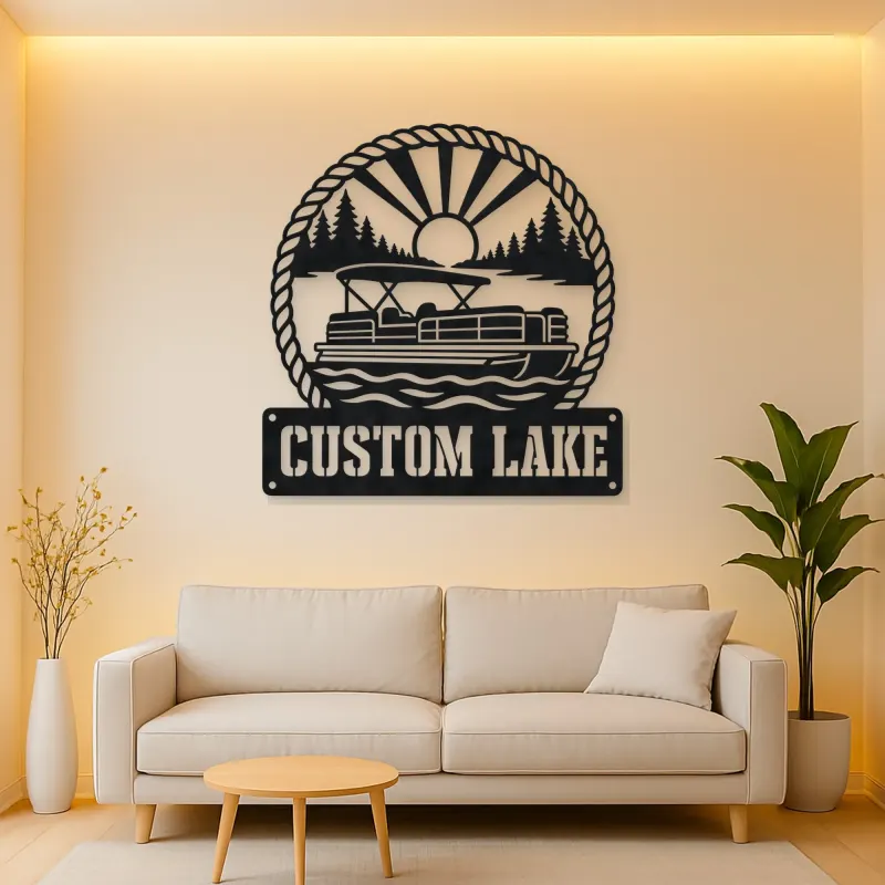 Personalized Pontoon Boat Metal Wall Art with Mountain Lake