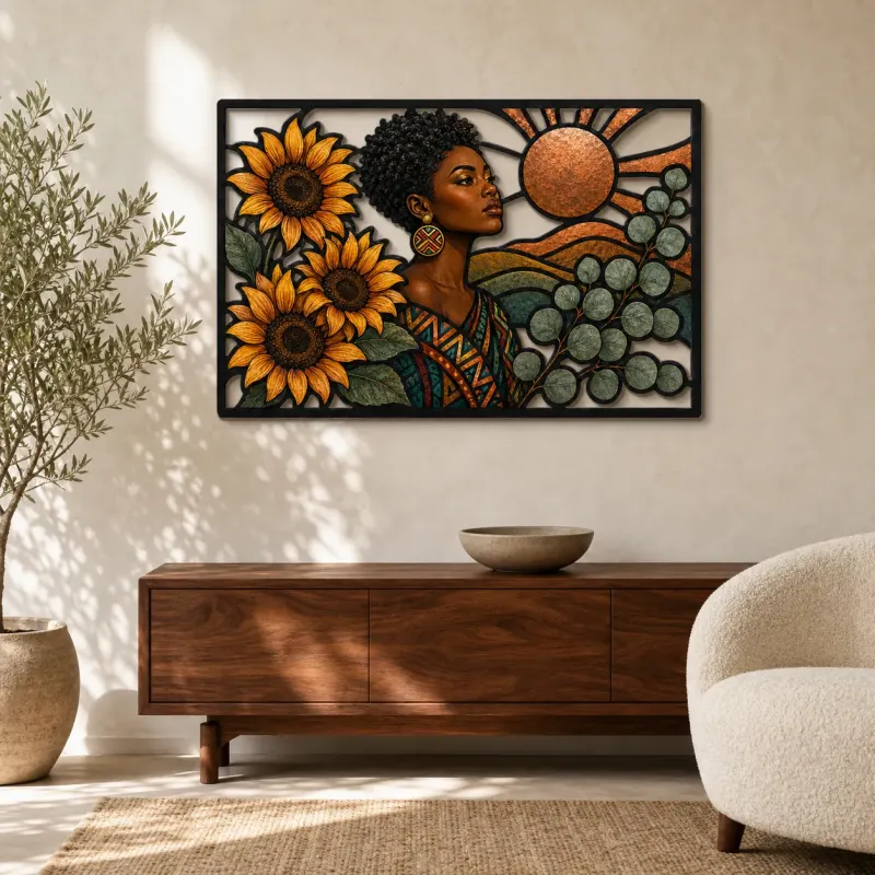 Donna Afro con Girasoli e Sole di Rame Insegna in Metallo Colorata