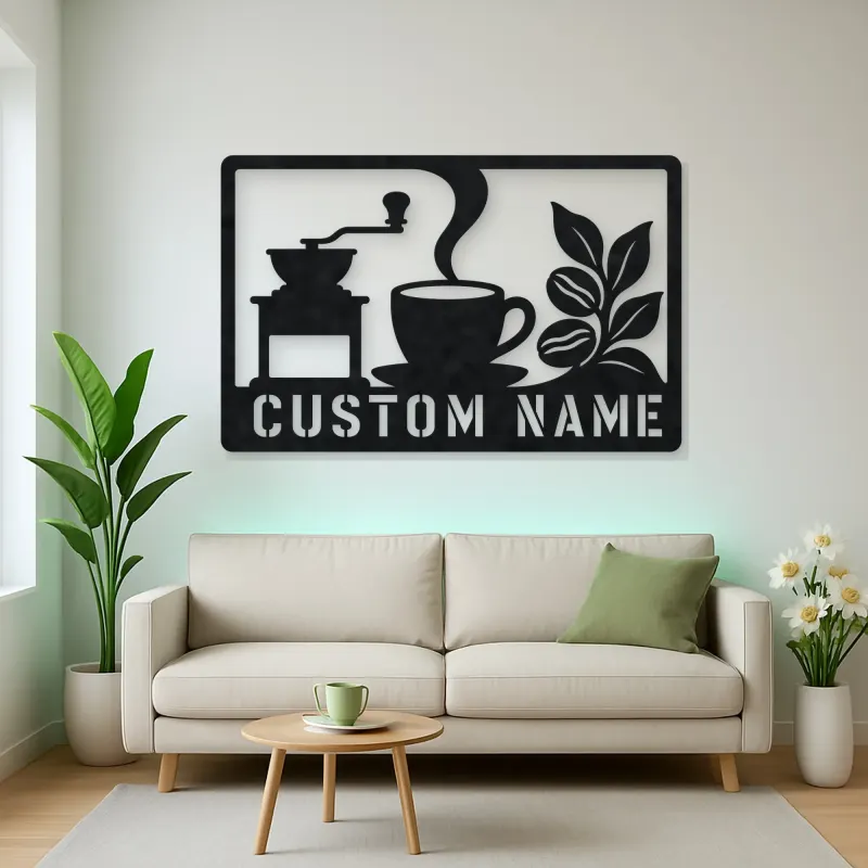 Personalized Coffee Station Metal Wall Art with Grinder